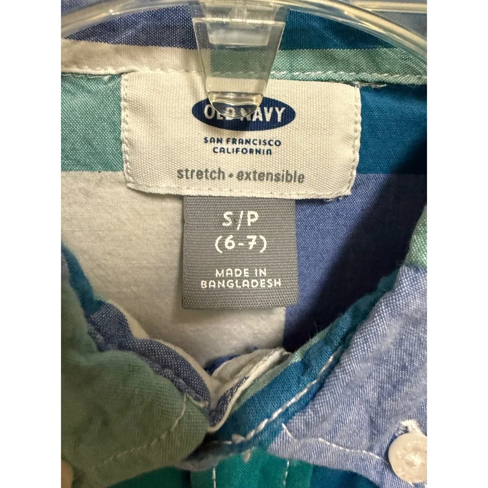 Old Navy Boys Blue Green Plaid Short Sleeve Button Down Stretch Shirt Size S 6-7